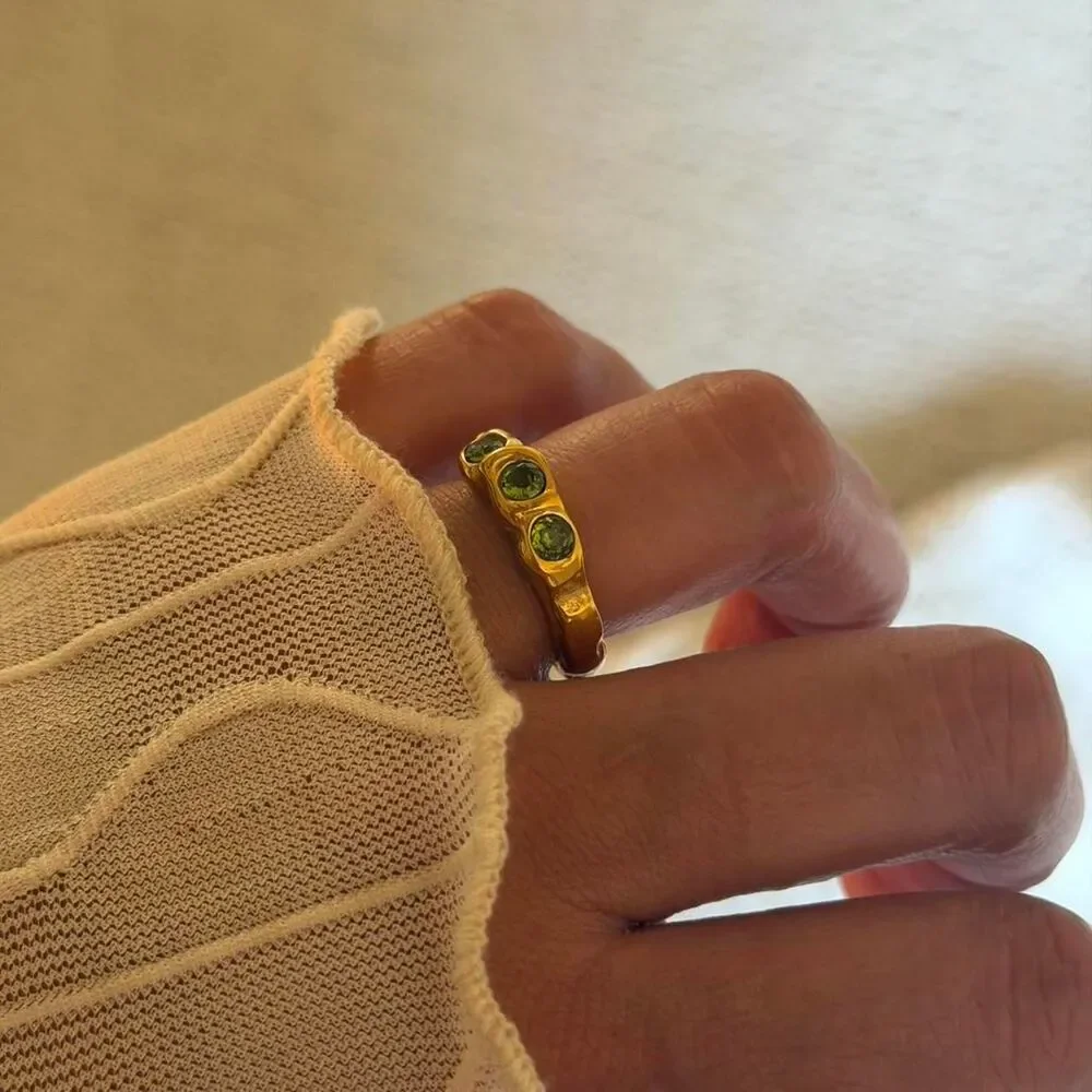 Gold Stainless Steel Green Zircon Three Stone Ring